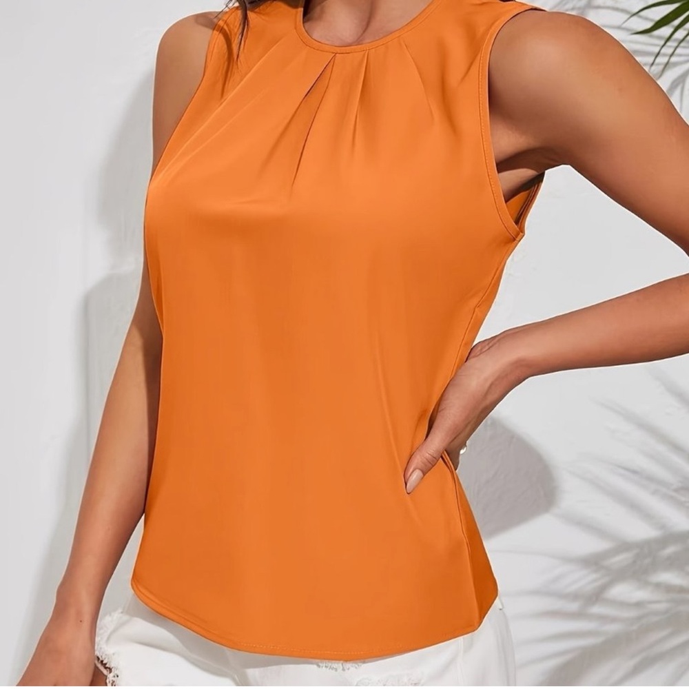 Orange Solid Color Crew Neck Camisole Casual Sleeveless Blouse
